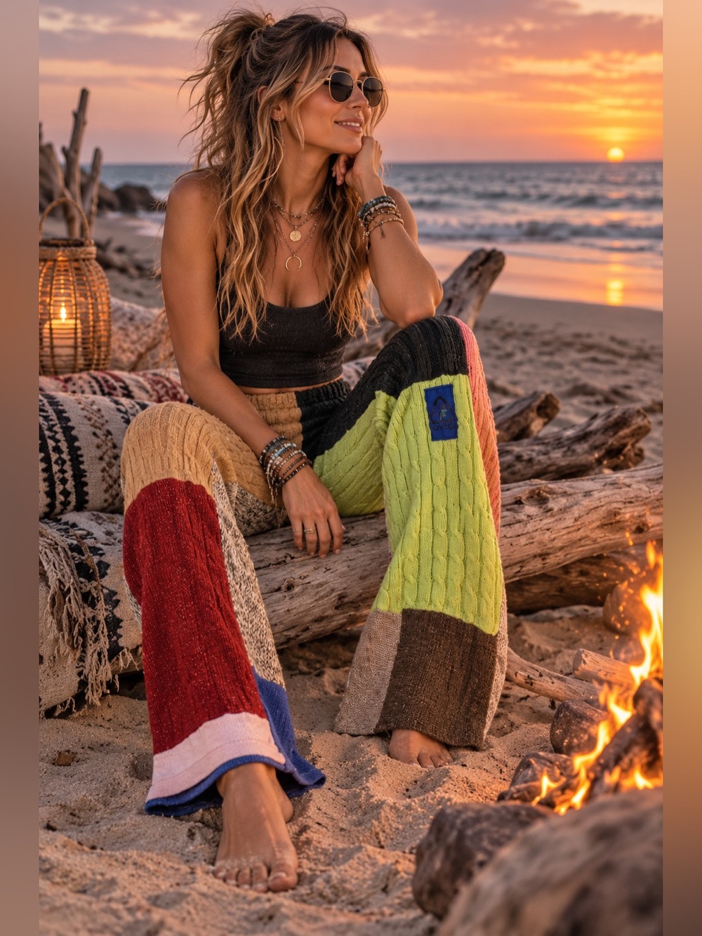 ☮️♻️ RCYCLD Upcycled Boho Patchwork Sweater Knit Pants 
Size Large